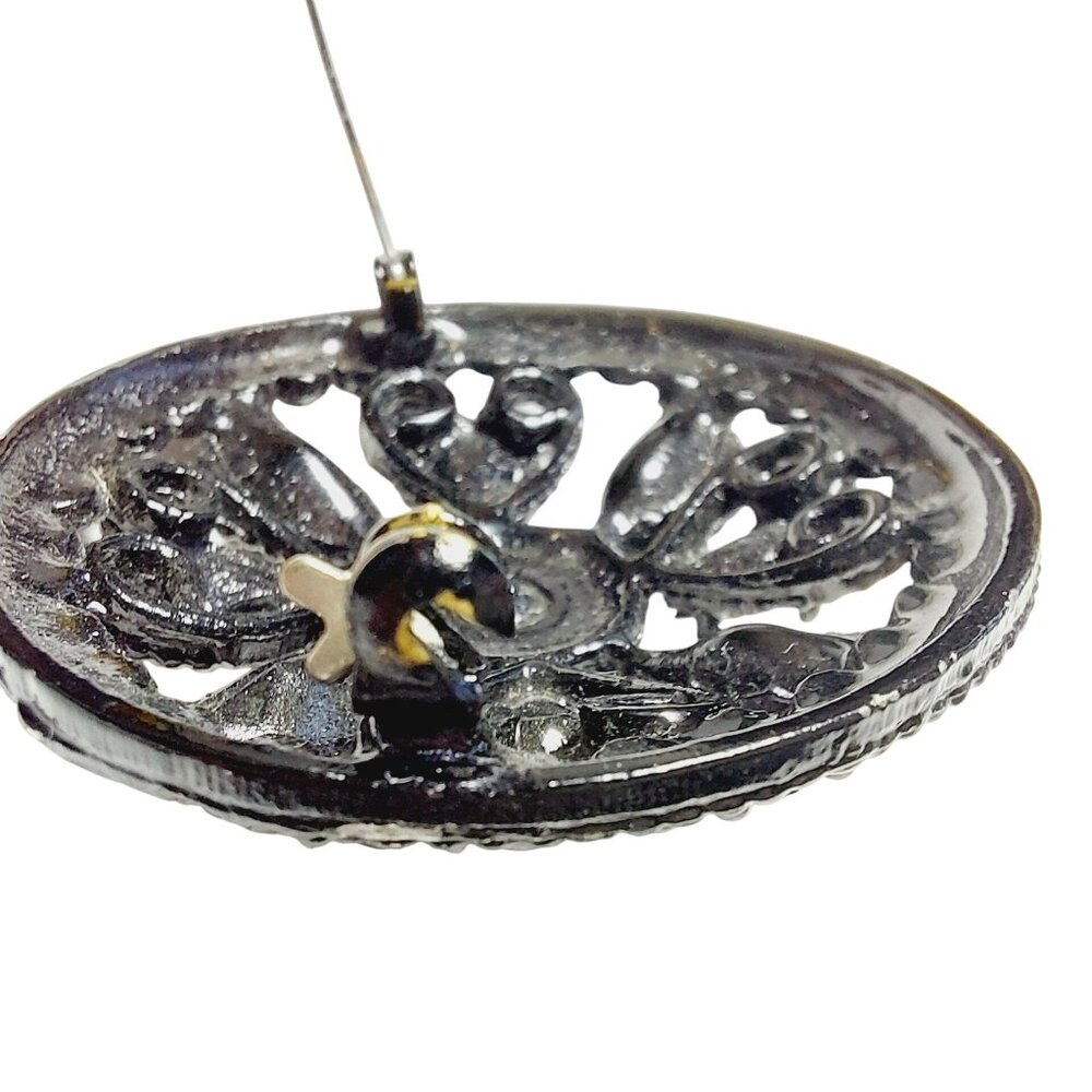 Vintage Domed Black Rhinestone Round Brooch Filigree Design Mourning Pin - Picture 6 of 7